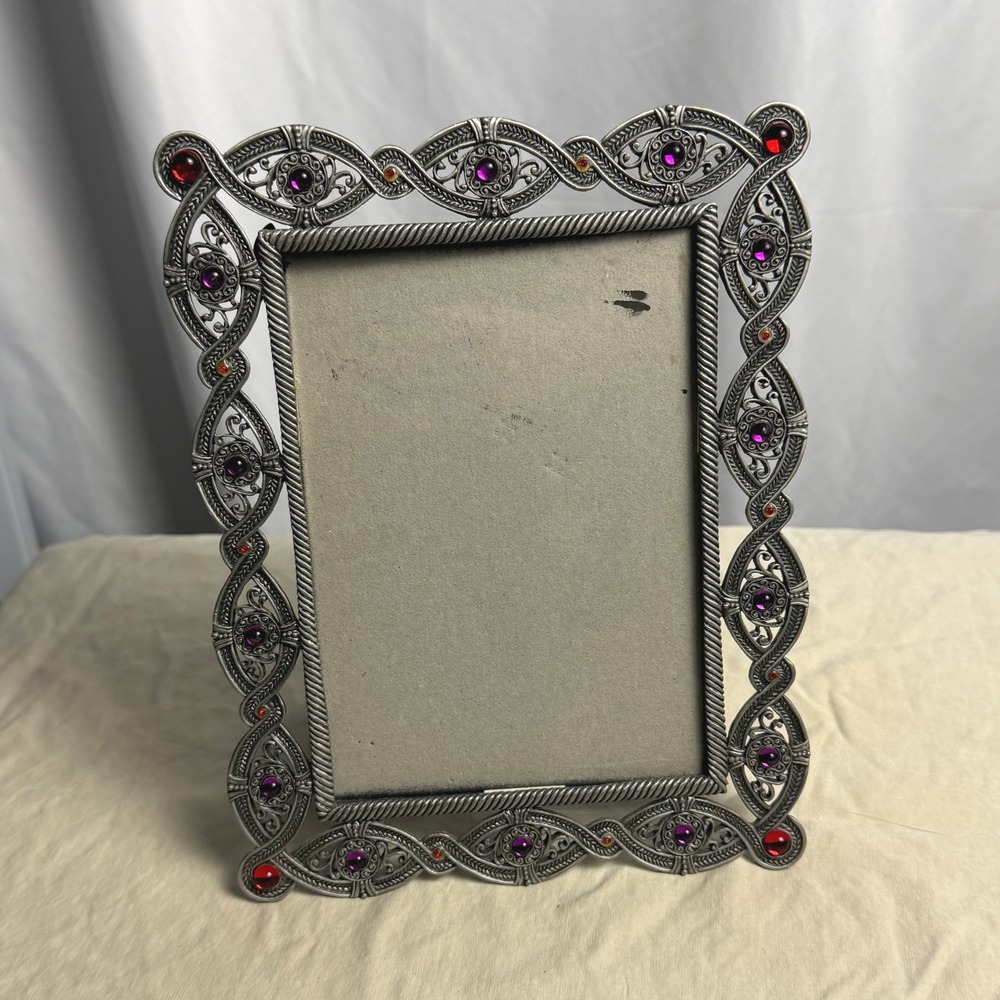 VTG Ornate Jeweled Filigree Metal Picture Frame 5x7 Purple Red Cabochons Easel